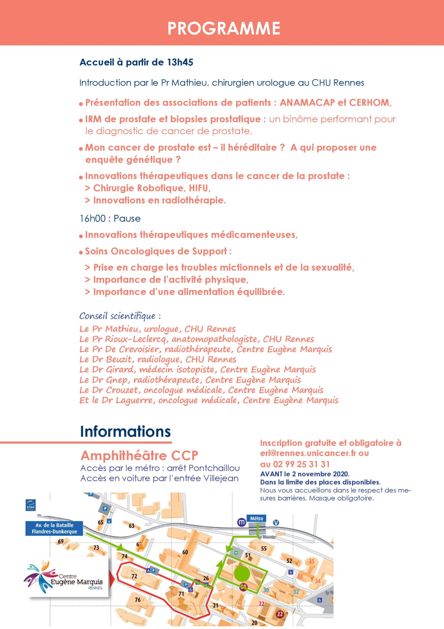 programme de la conférence du 4/11/2020 au centre Eugène Marquis de Rennes